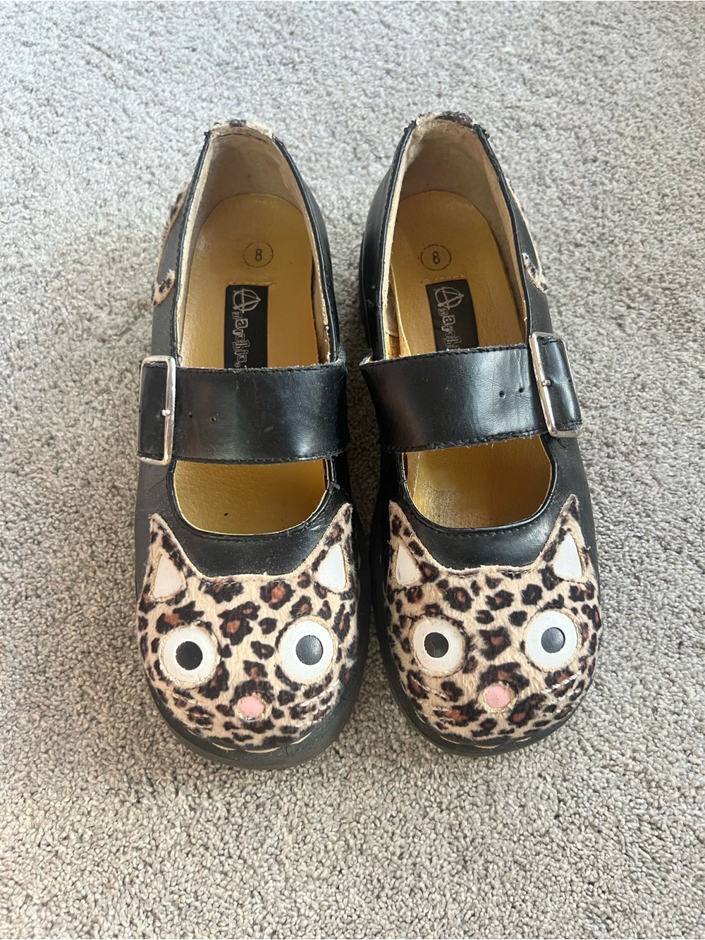 Vintage Anarchic T.U.K. Size 8 Kitty Cat Face Goth Leopard Mary Janes y2k